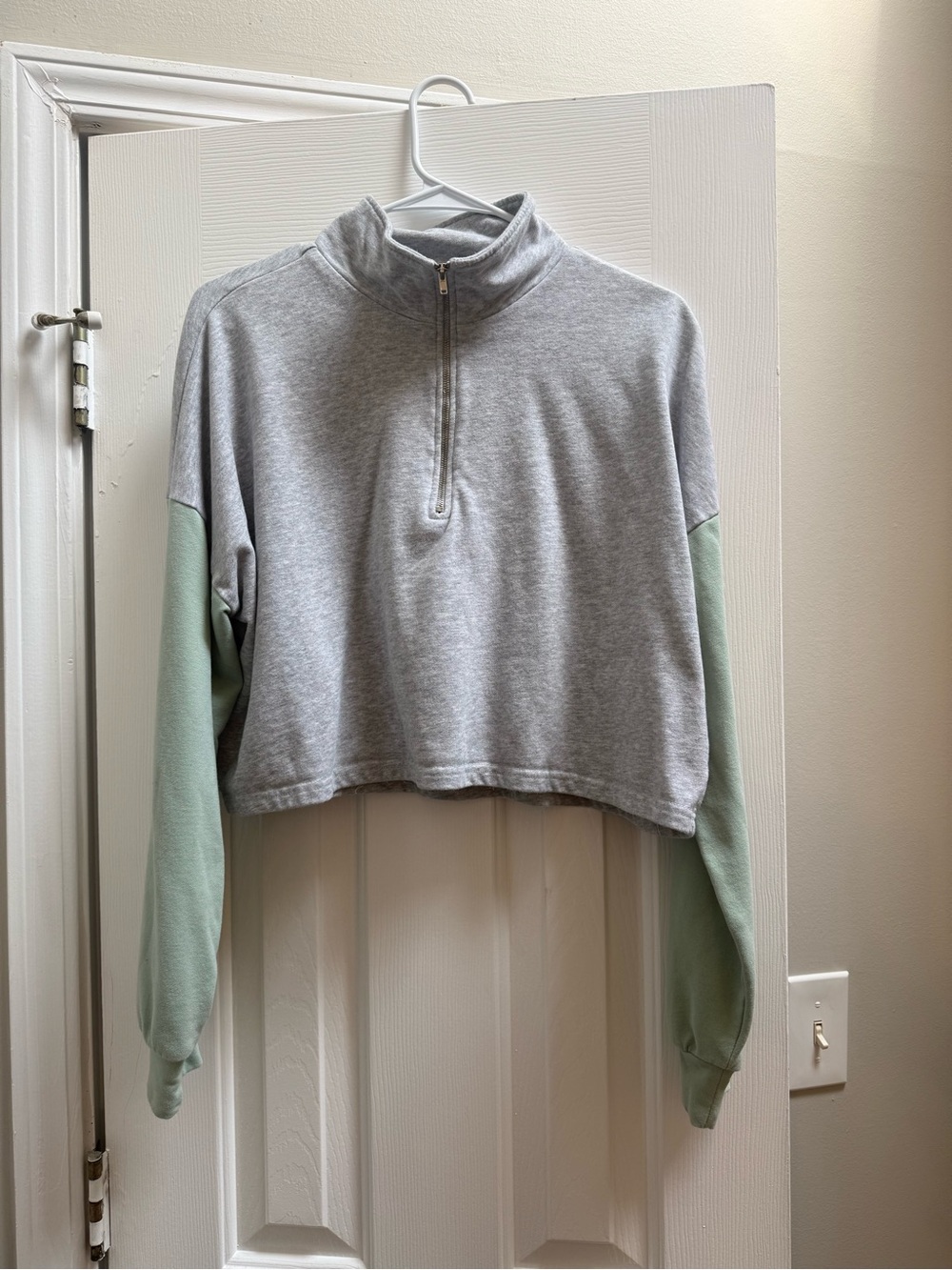 Cropped Quarter-Zip Pullover Sweatshirt - Light Gray with Sage Sleeves